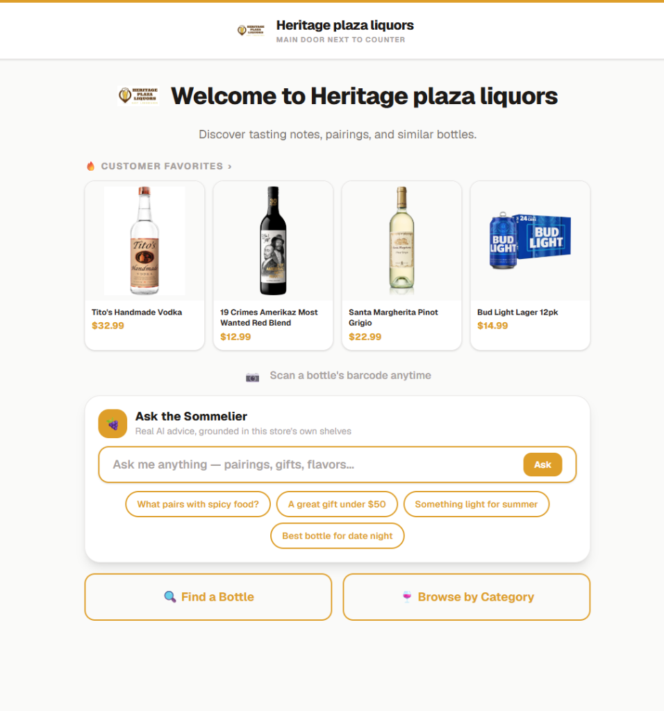 Interactive kiosk home page showing welcome message, featured customer favorites, AI Sommelier prompt, and category browsing buttons.